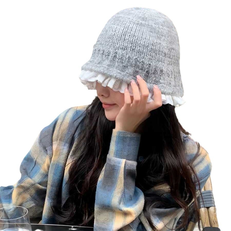 怠zyなスタイルの帽子女性秋と冬の甘いレースニットウールの帽子は、小さな暖かくて一致する盆地の帽子を示しています