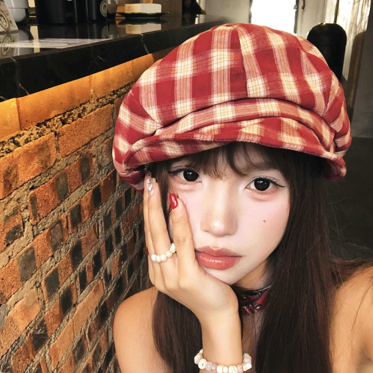 日系レトロなチェック柄ベレー帽子春と秋の頭でっかち顔見せ画家帽文芸百合雲帽子