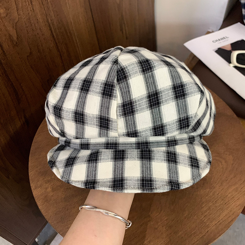日系レトロなチェック柄ベレー帽子春と秋の頭でっかち顔見せ画家帽文芸百合雲帽子