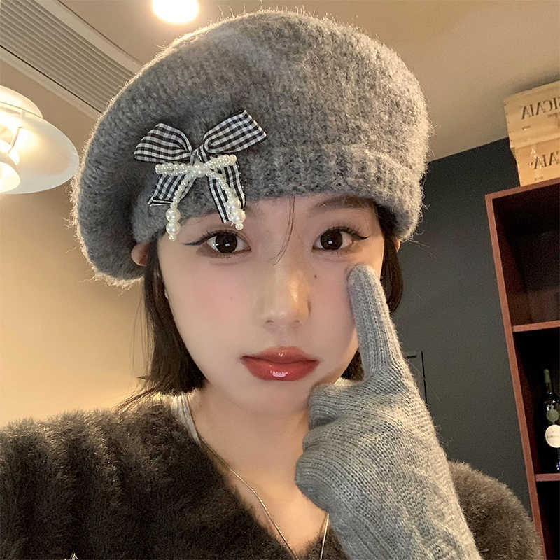 韓国スタイル甘い帽子女性のリボンベレー帽秋と冬暖かいニット帽子大きな頭囲カジュアル多目的ウール帽子