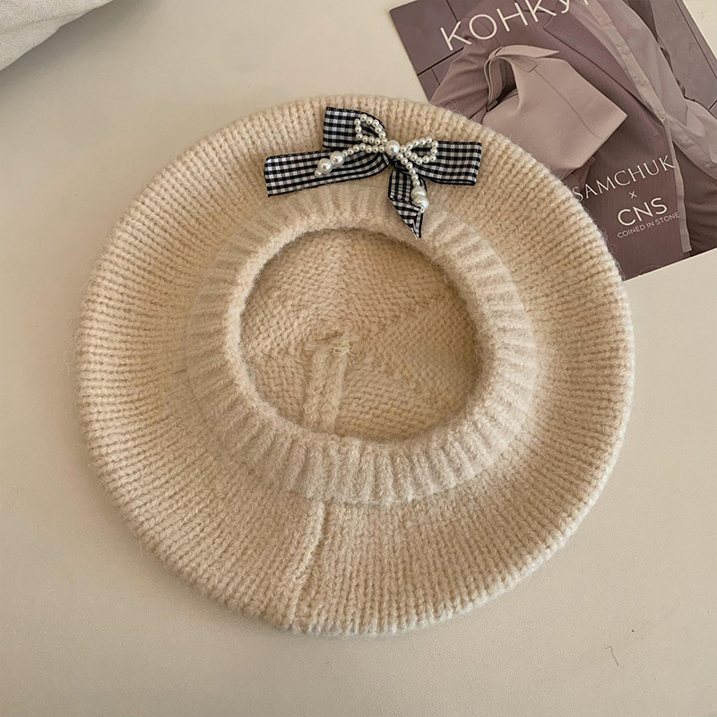 韓国スタイル甘い帽子女性のリボンベレー帽秋と冬暖かいニット帽子大きな頭囲カジュアル多目的ウール帽子