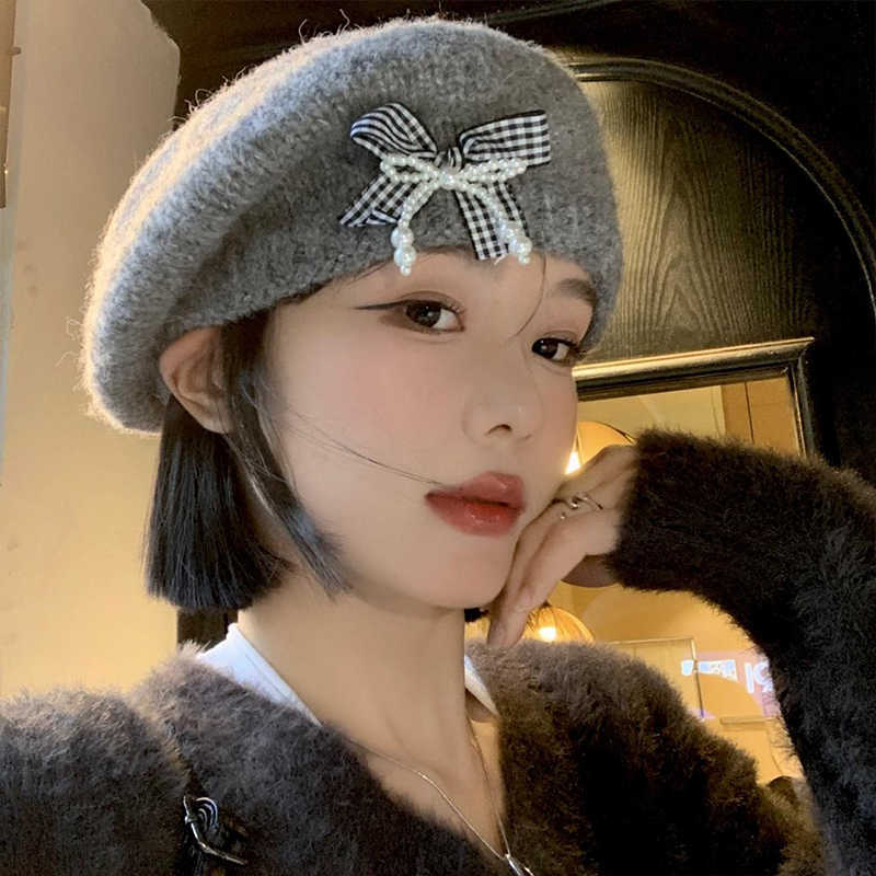 韓国スタイル甘い帽子女性のリボンベレー帽秋と冬暖かいニット帽子大きな頭囲カジュアル多目的ウール帽子