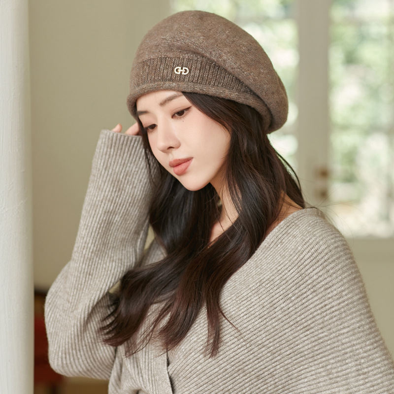 トップハット秋冬レディースピュアカラーコーデュロイニット毛糸帽子冬レディース保温ウールベレー帽