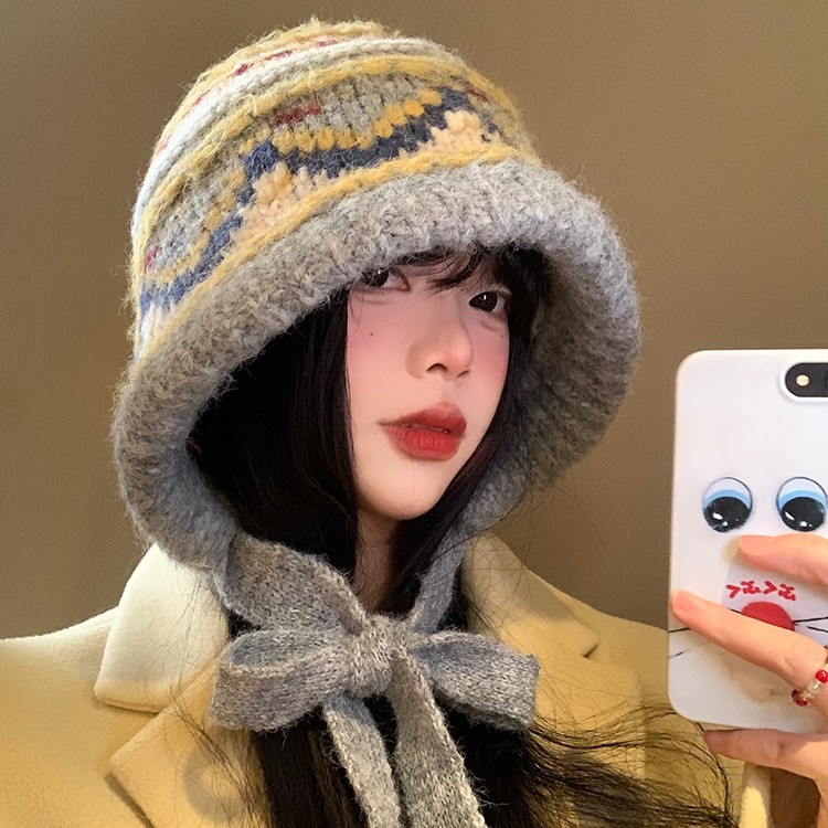 フェアーアイランド風トップハット冬のおしゃれレトロな毛糸帽子アウトドアカジュアル防寒帽子女