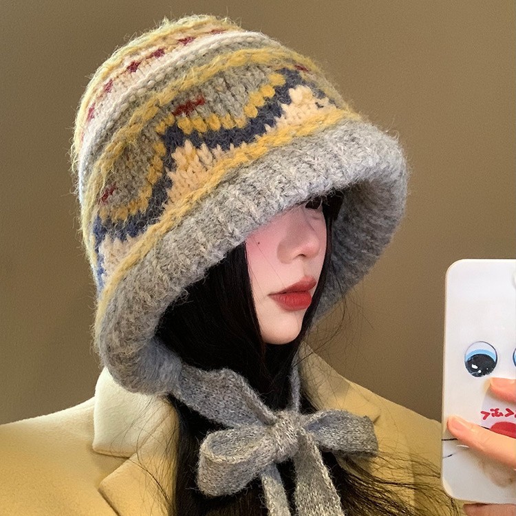 フェアーアイランド風トップハット冬のおしゃれレトロな毛糸帽子アウトドアカジュアル防寒帽子女