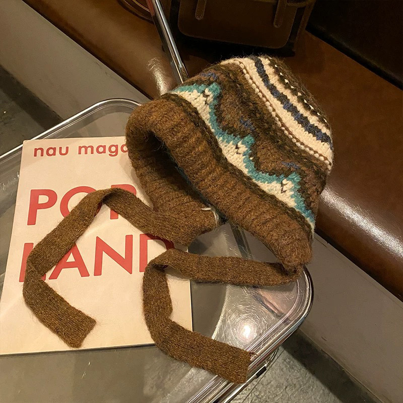 フェアーアイランド風トップハット冬のおしゃれレトロな毛糸帽子アウトドアカジュアル防寒帽子女