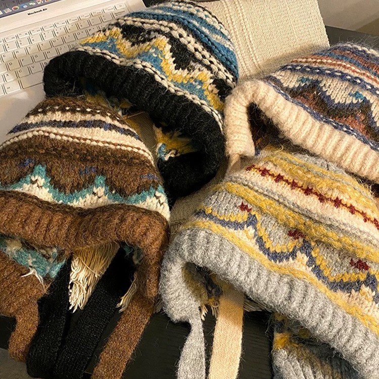 フェアーアイランド風トップハット冬のおしゃれレトロな毛糸帽子アウトドアカジュアル防寒帽子女