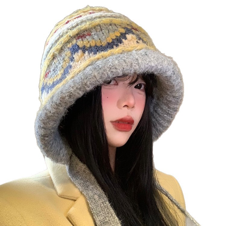 フェアーアイランド風トップハット冬のおしゃれレトロな毛糸帽子アウトドアカジュアル防寒帽子女