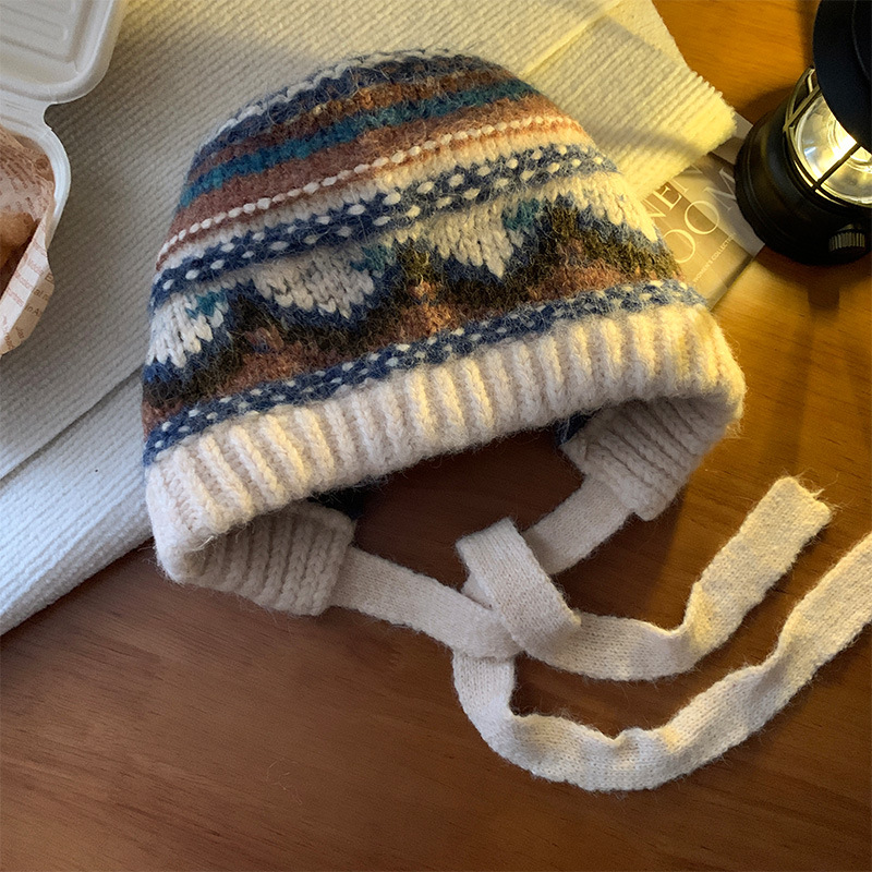 フェアーアイランド風トップハット冬のおしゃれレトロな毛糸帽子アウトドアカジュアル防寒帽子女