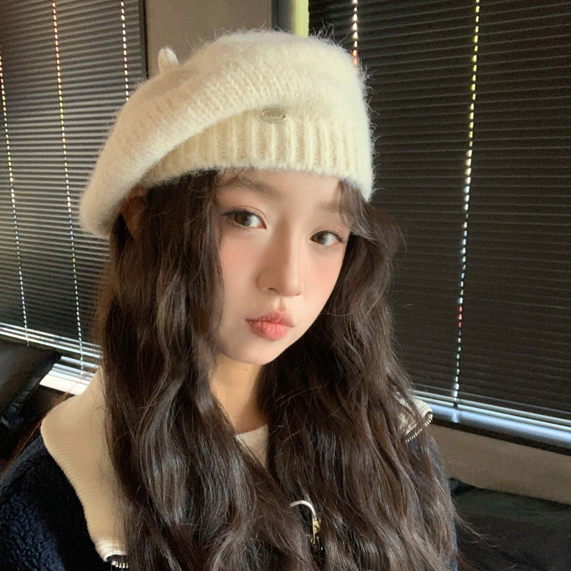 韓国版レディース帽子冬の厚手ニットベレー帽百合保温帽子秋冬の女性の頭周り毛糸帽子
