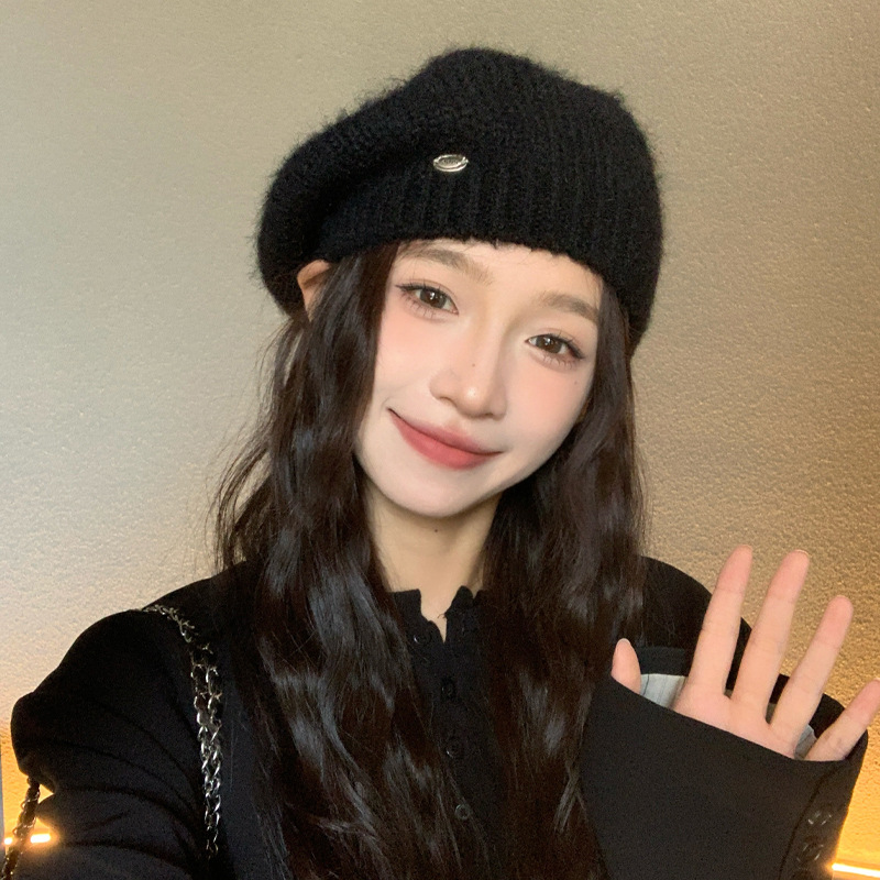 韓国版レディース帽子冬の厚手ニットベレー帽百合保温帽子秋冬の女性の頭周り毛糸帽子