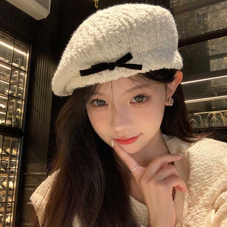 帽子女日系小人数リボンモコモコベレー帽女秋冬新作キュートで甘い白の画家帽