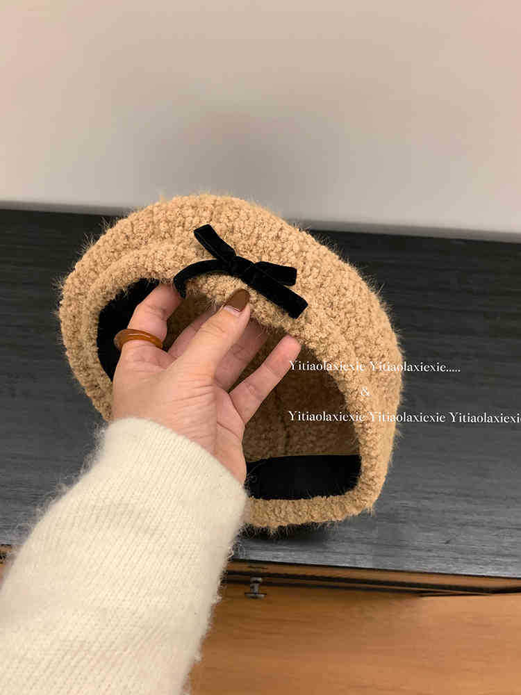 帽子女日系小人数リボンモコモコベレー帽女秋冬新作キュートで甘い白の画家帽