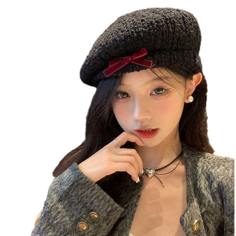 帽子女日系小人数リボンモコモコベレー帽女秋冬新作キュートで甘い白の画家帽