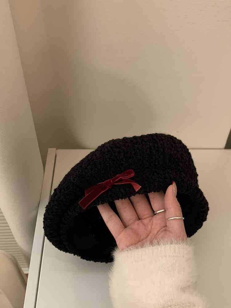 帽子女日系小人数リボンモコモコベレー帽女秋冬新作キュートで甘い白の画家帽