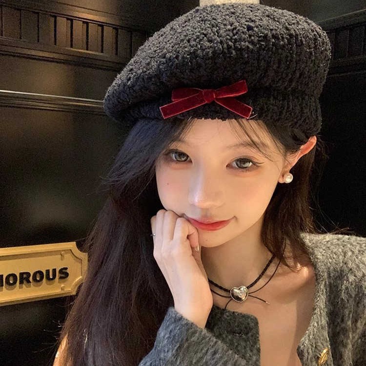 帽子女日系小人数リボンモコモコベレー帽女秋冬新作キュートで甘い白の画家帽