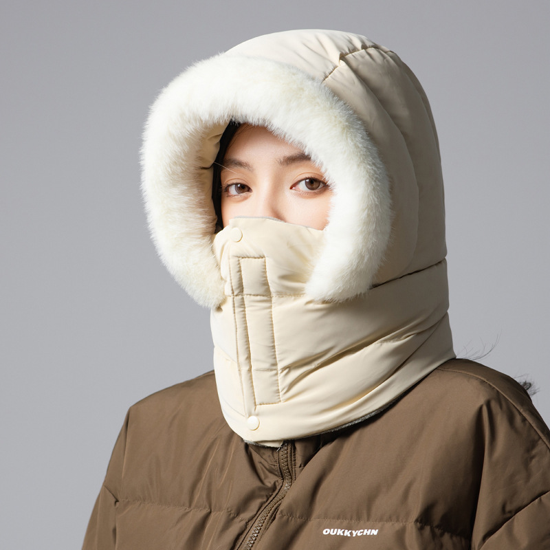 冬用女性アウトドア防寒防風レーフ帽 マスク付きウィッグ一体型スキーキャップ モノトーンオールシーズンキャップ